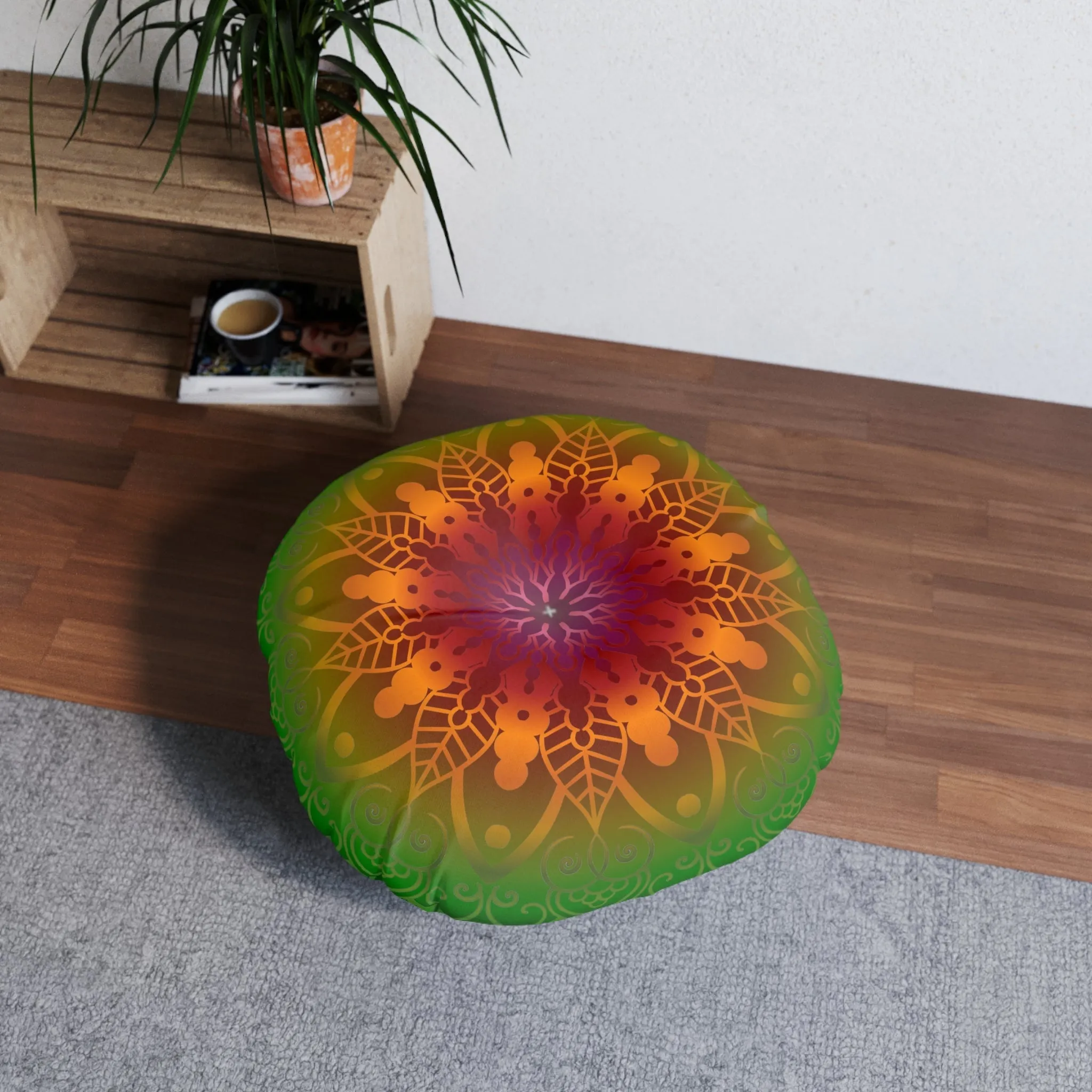 Handmade Mandala Art Floor Cushion - Rainbow Flower Mandala on Black
