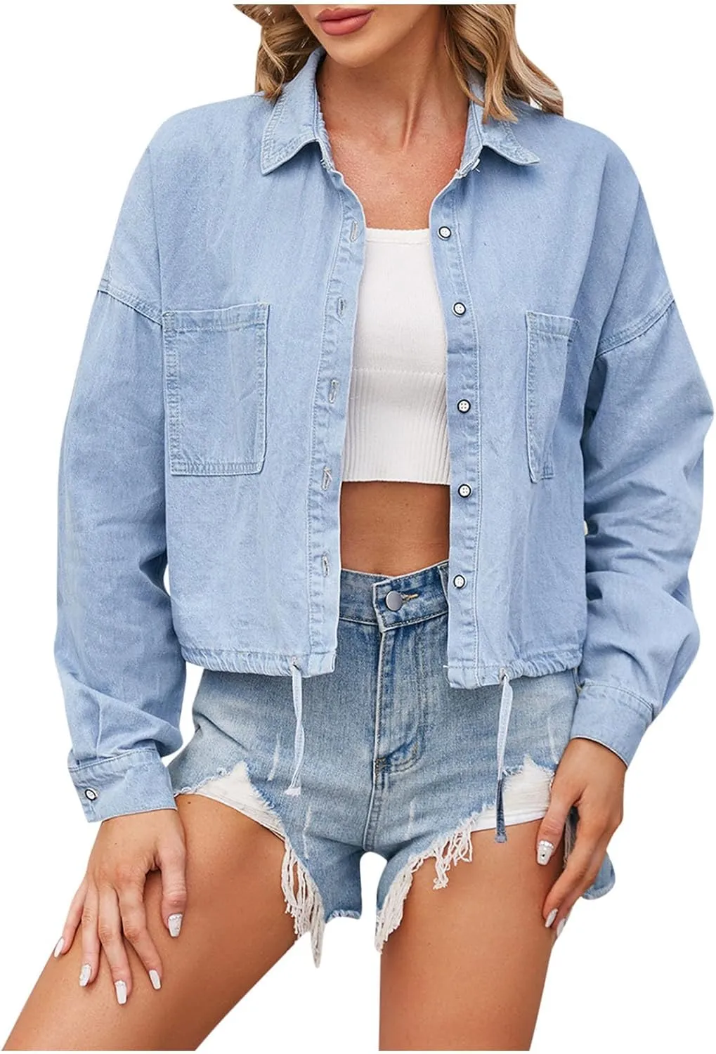 HGps8w Cropped Denim Jackets for Women Casual Button Down Long Sleeve Crop Shirts Trendy Spring Outerwear