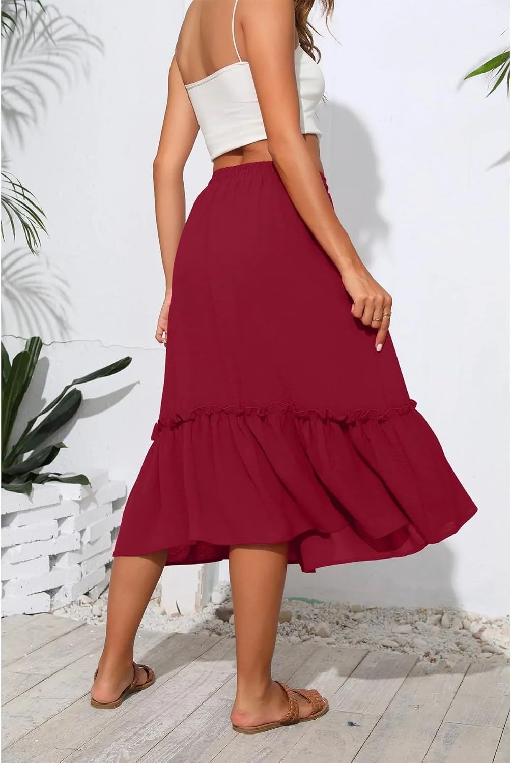 High Waist Tiered Skirts for Women Flowy Skirts for Women Below Knee with Pockets 2025 Fashion Trendy
