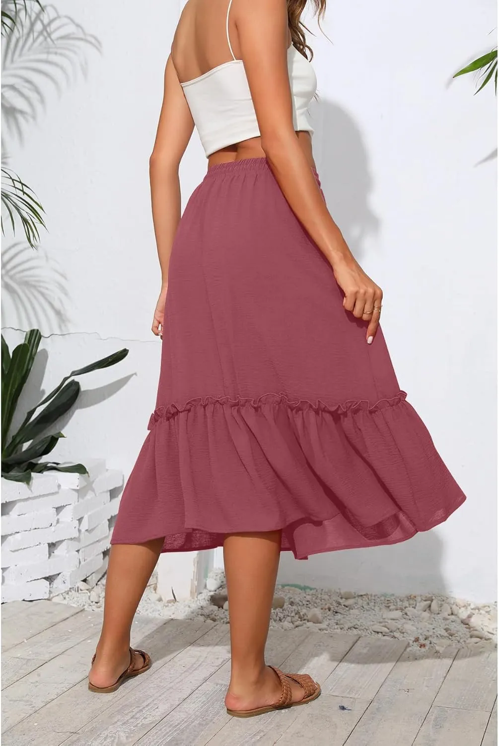 High Waist Tiered Skirts for Women Flowy Skirts for Women Below Knee with Pockets 2025 Fashion Trendy