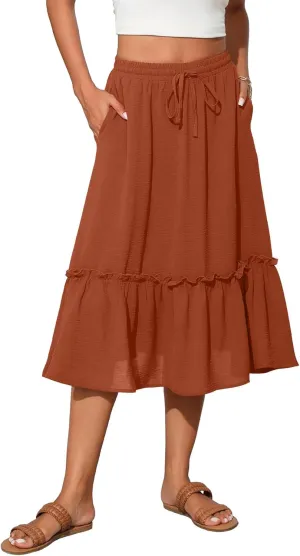 High Waist Tiered Skirts for Women Flowy Skirts for Women Below Knee with Pockets 2025 Fashion Trendy
