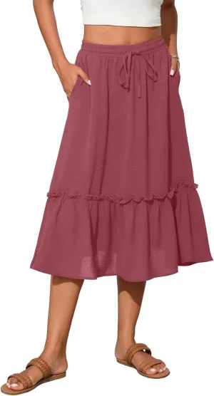 High Waist Tiered Skirts for Women Flowy Skirts for Women Below Knee with Pockets 2025 Fashion Trendy