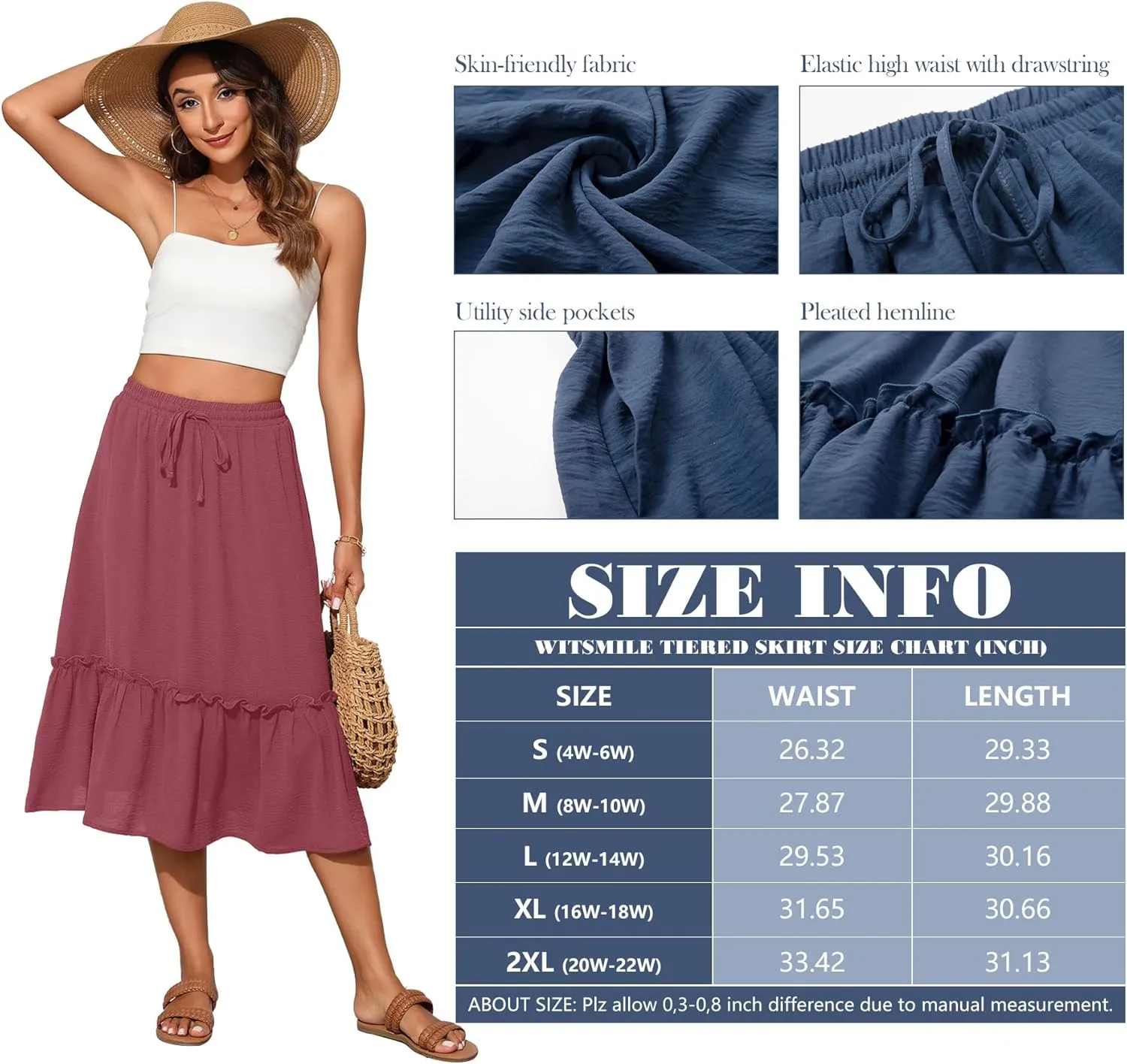 High Waist Tiered Skirts for Women Flowy Skirts for Women Below Knee with Pockets 2025 Fashion Trendy