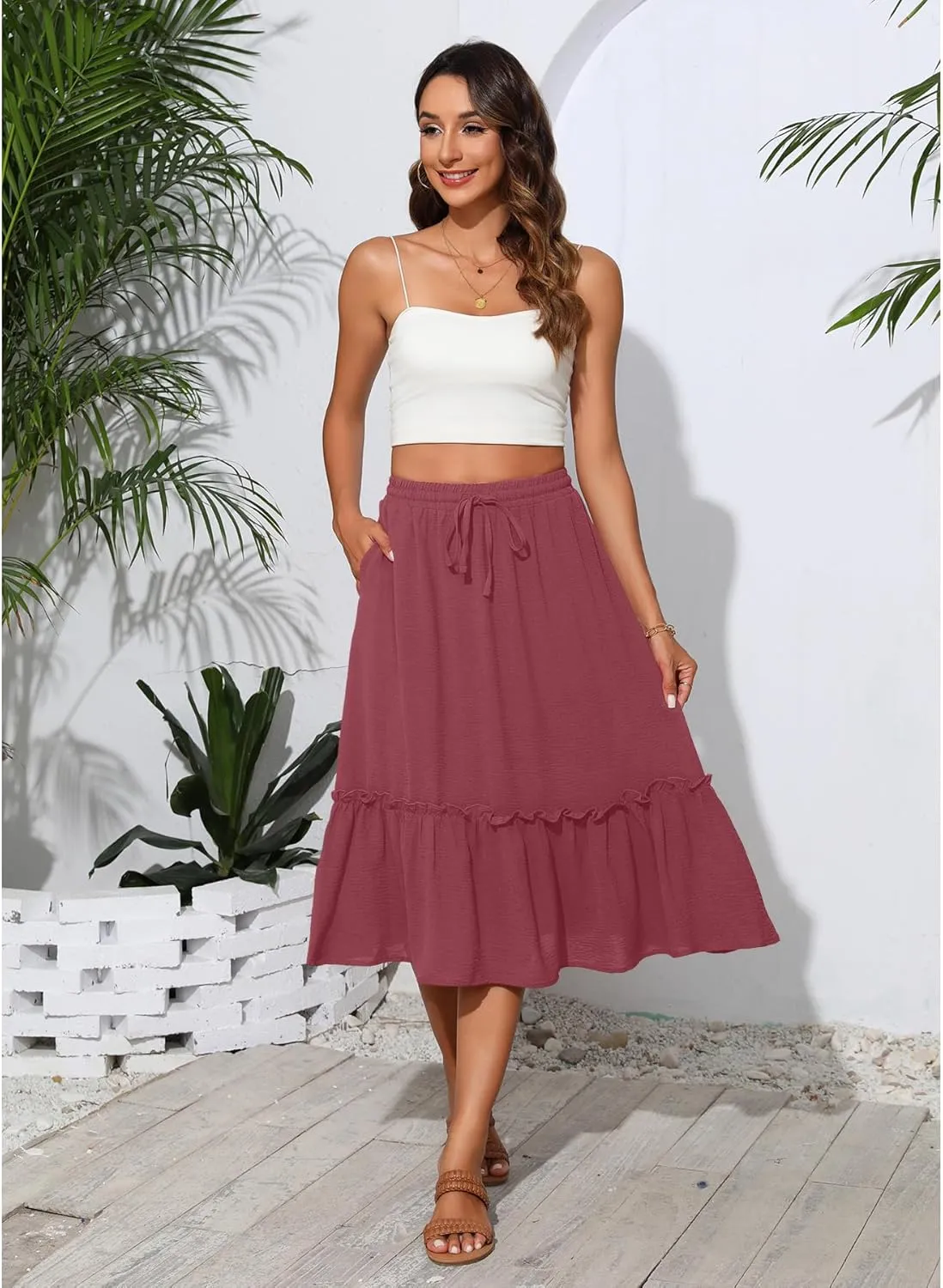 High Waist Tiered Skirts for Women Flowy Skirts for Women Below Knee with Pockets 2025 Fashion Trendy