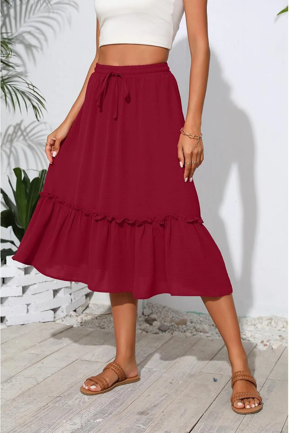 High Waist Tiered Skirts for Women Flowy Skirts for Women Below Knee with Pockets 2025 Fashion Trendy