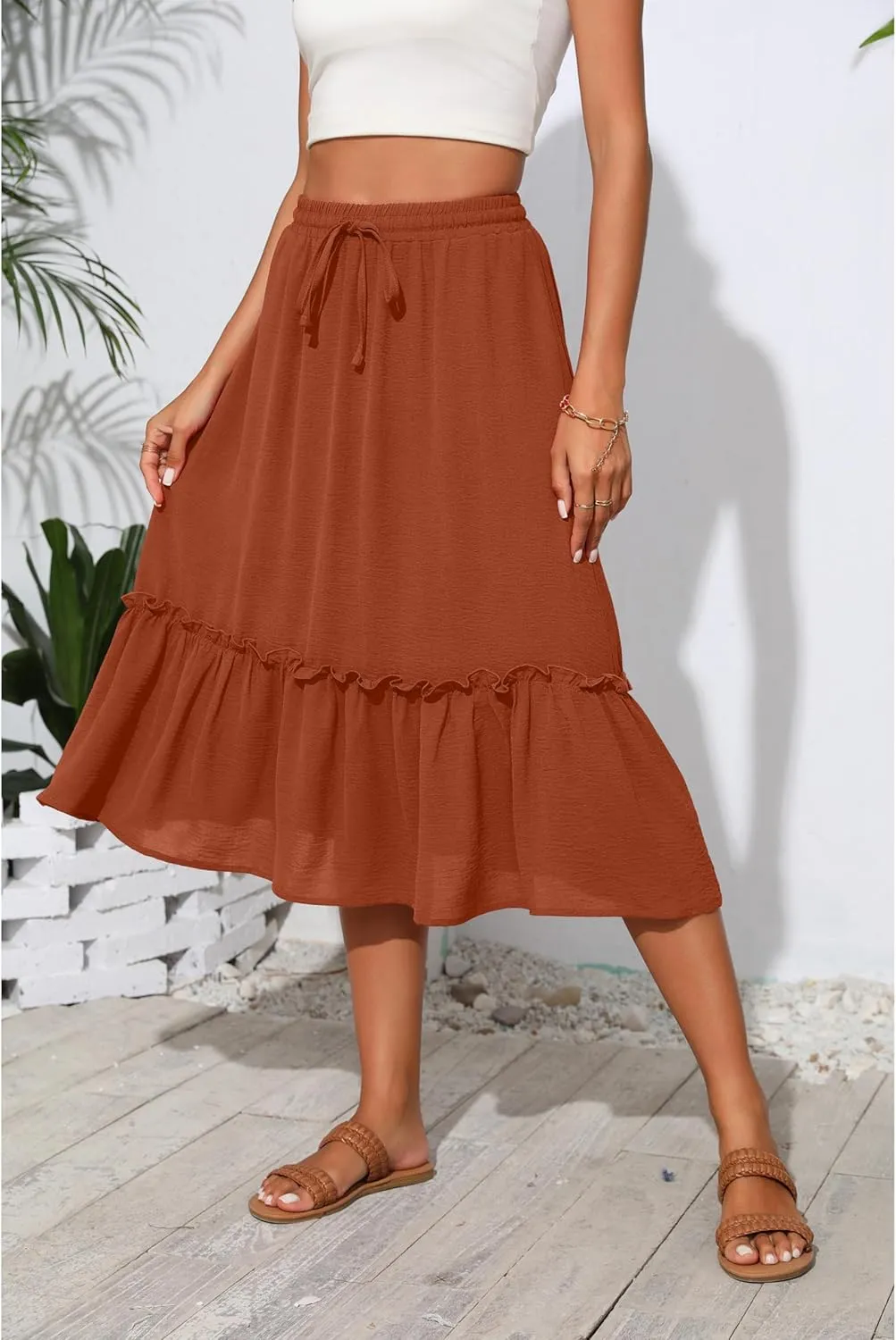High Waist Tiered Skirts for Women Flowy Skirts for Women Below Knee with Pockets 2025 Fashion Trendy