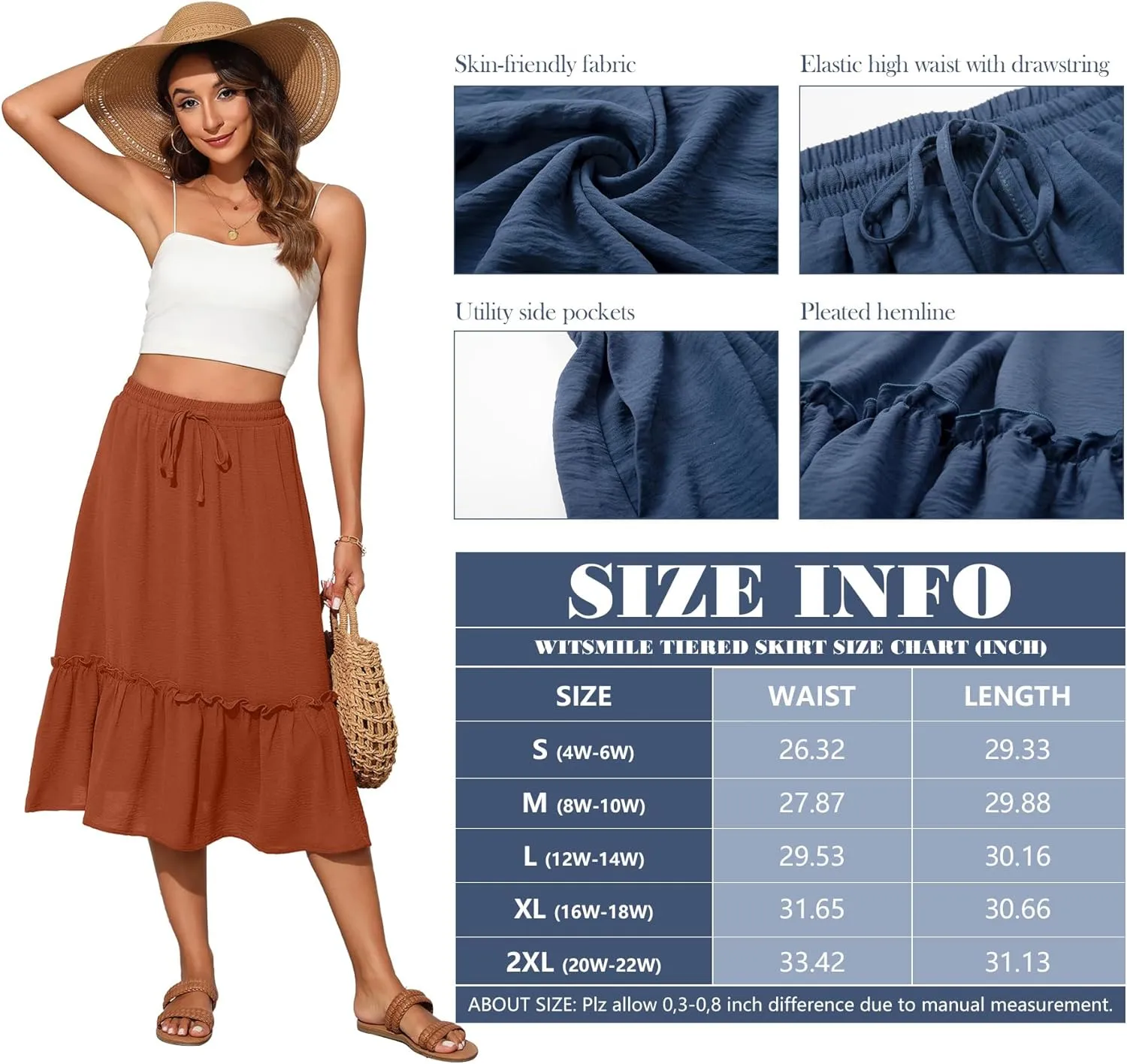 High Waist Tiered Skirts for Women Flowy Skirts for Women Below Knee with Pockets 2025 Fashion Trendy
