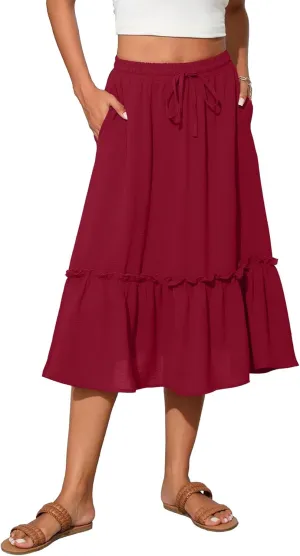 High Waist Tiered Skirts for Women Flowy Skirts for Women Below Knee with Pockets 2025 Fashion Trendy