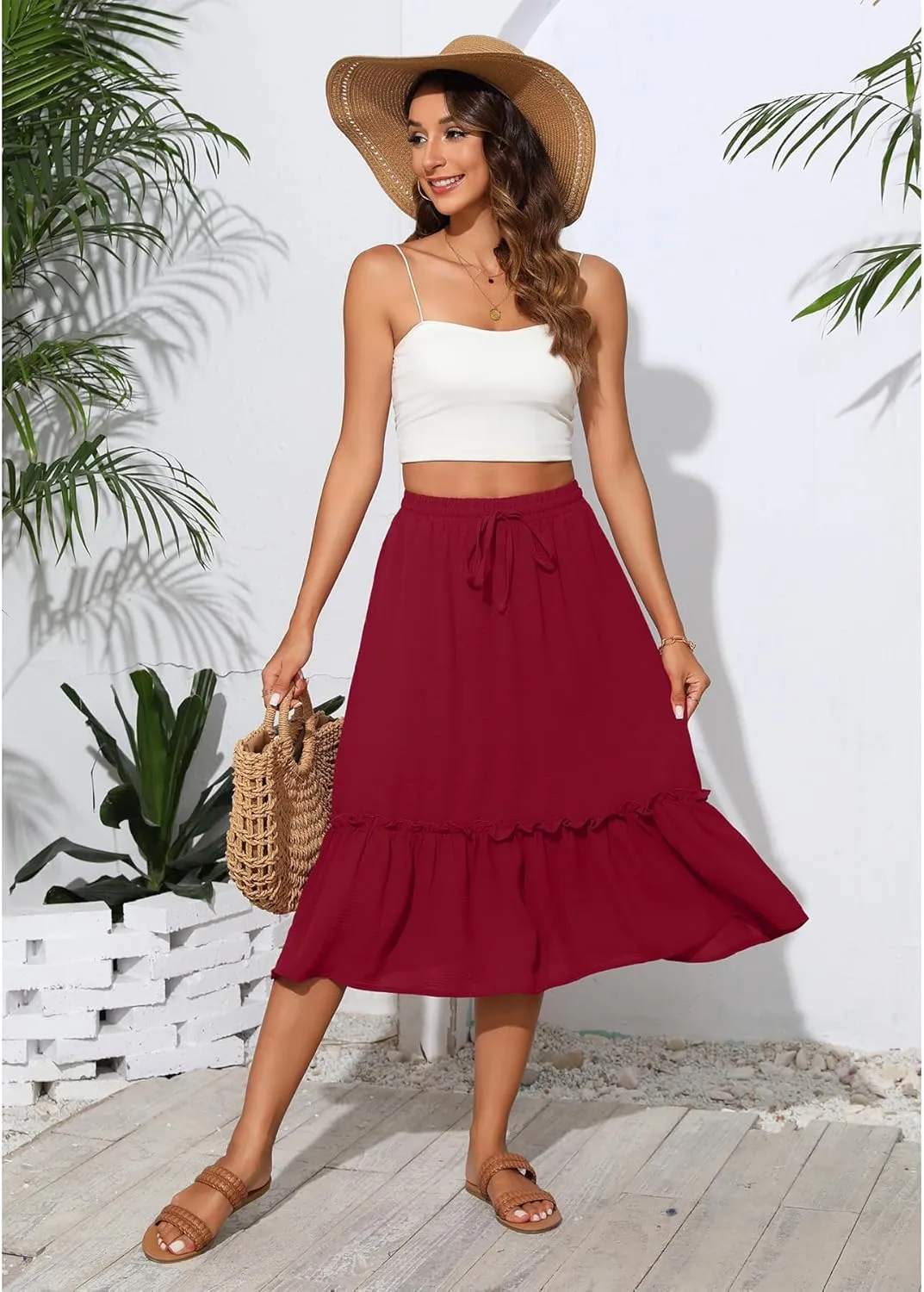 High Waist Tiered Skirts for Women Flowy Skirts for Women Below Knee with Pockets 2025 Fashion Trendy