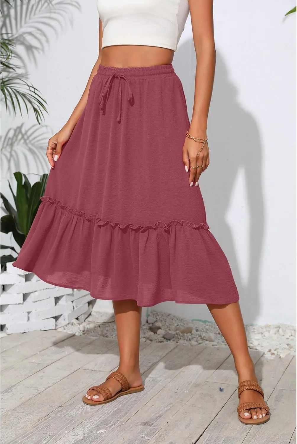 High Waist Tiered Skirts for Women Flowy Skirts for Women Below Knee with Pockets 2025 Fashion Trendy