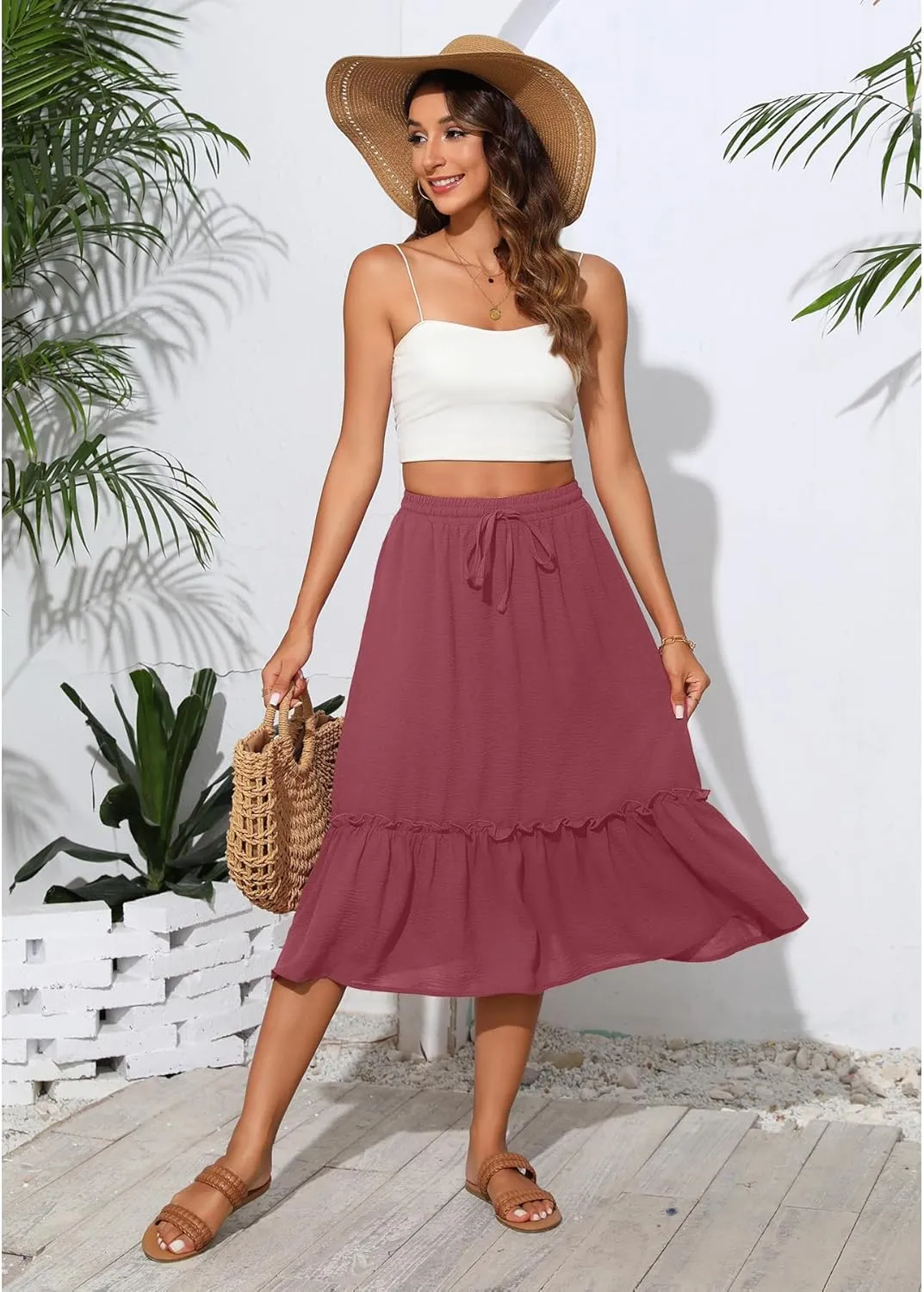 High Waist Tiered Skirts for Women Flowy Skirts for Women Below Knee with Pockets 2025 Fashion Trendy