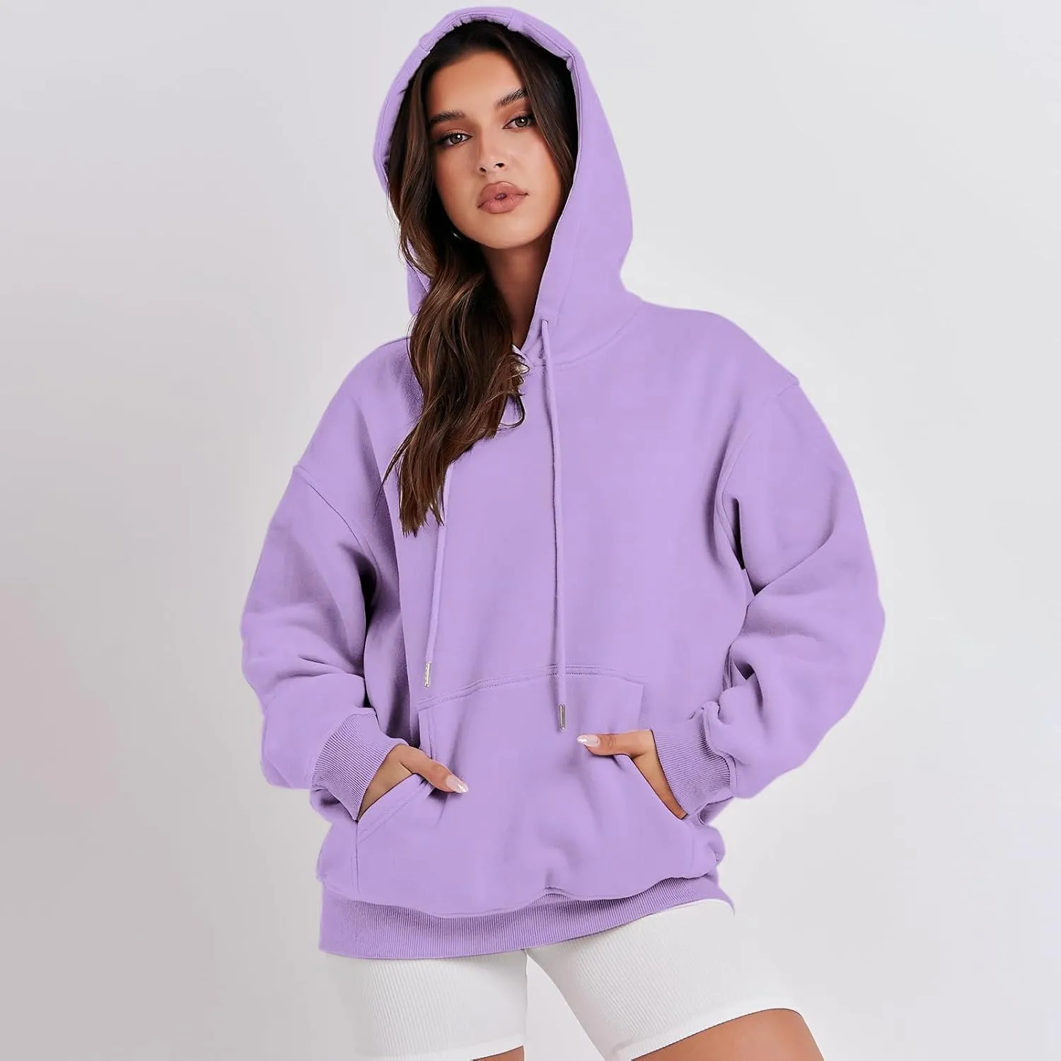 Hoodies for Women Oversized Solid Color Long Sleeve Hooded Sweater Basic Pullover Sweatshirts with Pocket