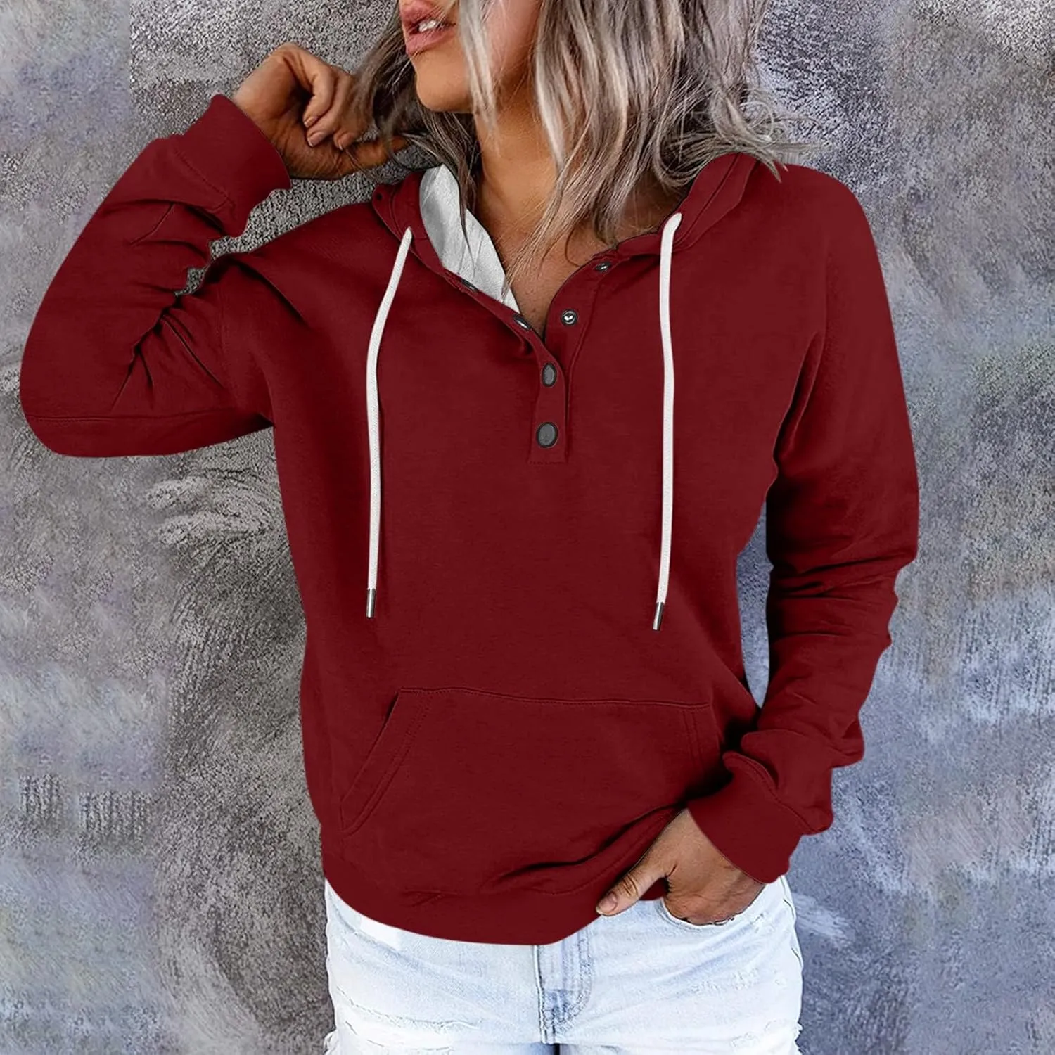 Hoodies for Women Trendy 2024 Hooded Button Collar Drawstring Pullover Sweatshirts Casual Long Sleeve Clothes