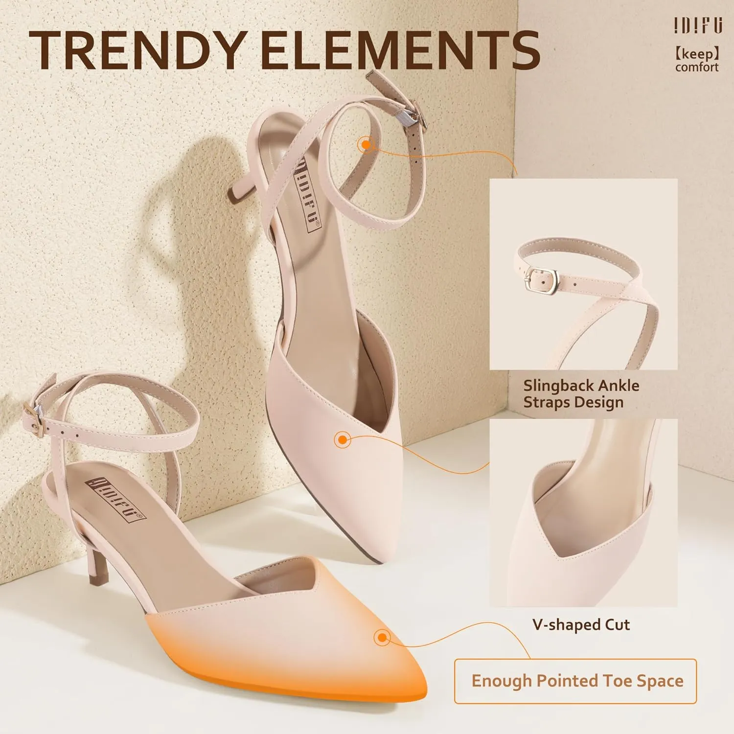 IDIFU IN2 Women's Pumps Closed Toe Kitten Heels Slingback Low Pointed Toe Short Ankle Strap Heels Wedding Bride Prom Bridal Work Dress Shoes for Women Comfortable Cute Trendy Pumps Shoes