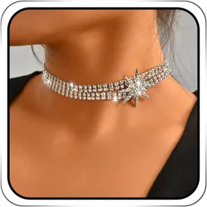 JAKAWIN Rhinestone Silver Star Choker Necklace Jewelry Sparkly Crystal Necklaces for Women