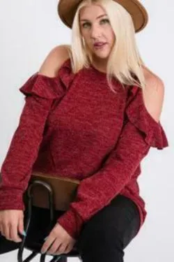 Janette Plus Burgundy Cold Shoulder/Ruffle Plus Top