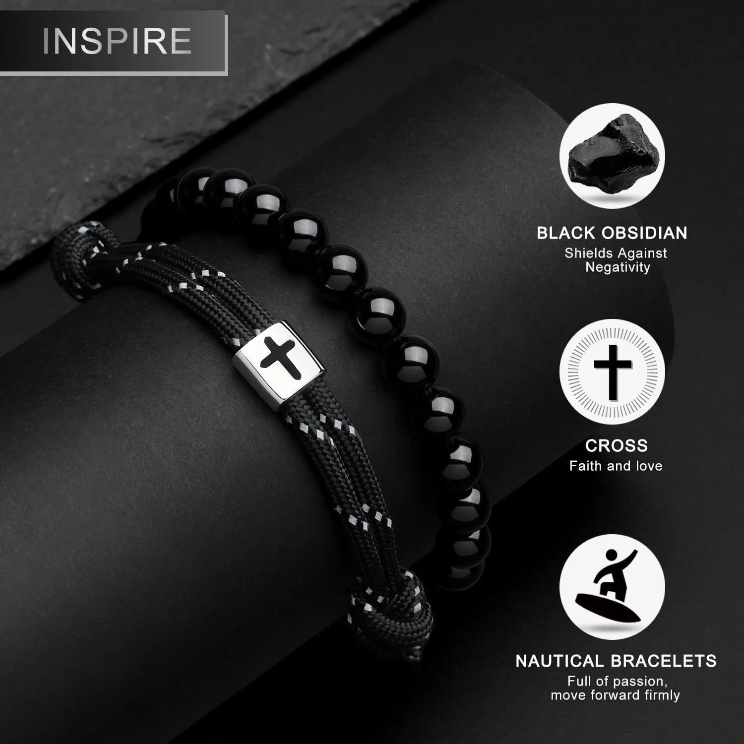 J.Endar Men's Cross Obsidian Bead Bracelet Set, Handmade Adjustable Rope Bracelets for Baptism, Birthday Christian Religious Gifts Jewelry for Him(7"-9")