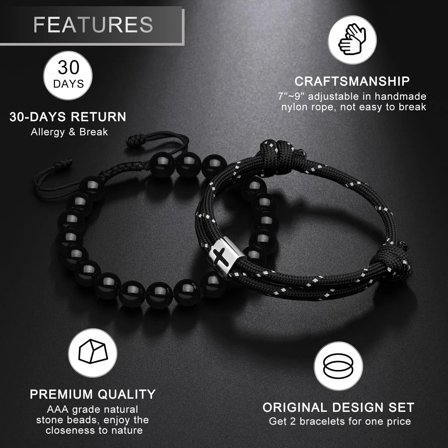 J.Endar Men's Cross Obsidian Bead Bracelet Set, Handmade Adjustable Rope Bracelets for Baptism, Birthday Christian Religious Gifts Jewelry for Him(7"-9")