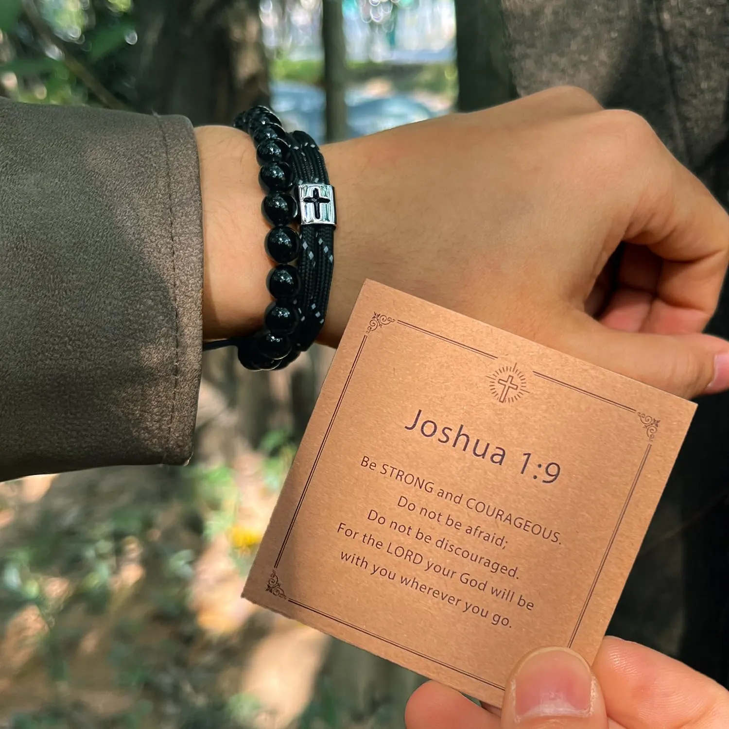 J.Endar Men's Cross Obsidian Bead Bracelet Set, Handmade Adjustable Rope Bracelets for Baptism, Birthday Christian Religious Gifts Jewelry for Him(7"-9")