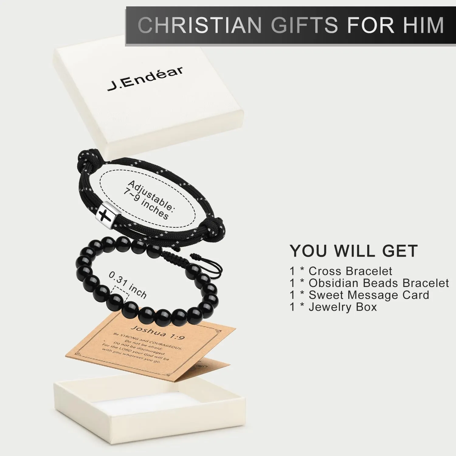 J.Endar Men's Cross Obsidian Bead Bracelet Set, Handmade Adjustable Rope Bracelets for Baptism, Birthday Christian Religious Gifts Jewelry for Him(7"-9")