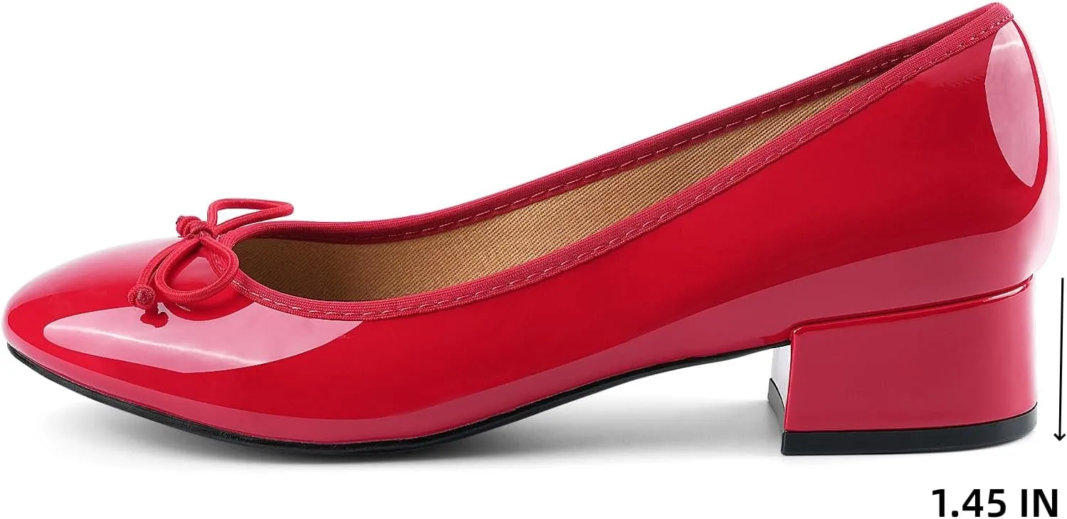 JENN ARDOR Chunky Block Low Heels Bow Round Closed Toe Comfort Work Casual Slip-On Bridal Wedding Guest Dress Cute Ballet Pumps Shoes for Women
