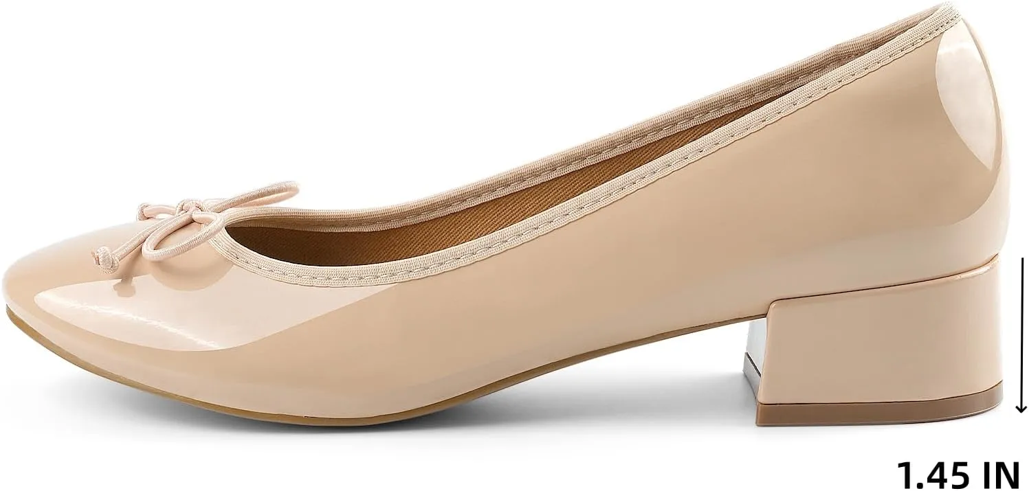 JENN ARDOR Chunky Block Low Heels Bow Round Closed Toe Comfort Work Casual Slip-On Bridal Wedding Guest Dress Cute Ballet Pumps Shoes for Women