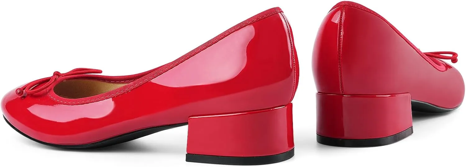 JENN ARDOR Chunky Block Low Heels Bow Round Closed Toe Comfort Work Casual Slip-On Bridal Wedding Guest Dress Cute Ballet Pumps Shoes for Women