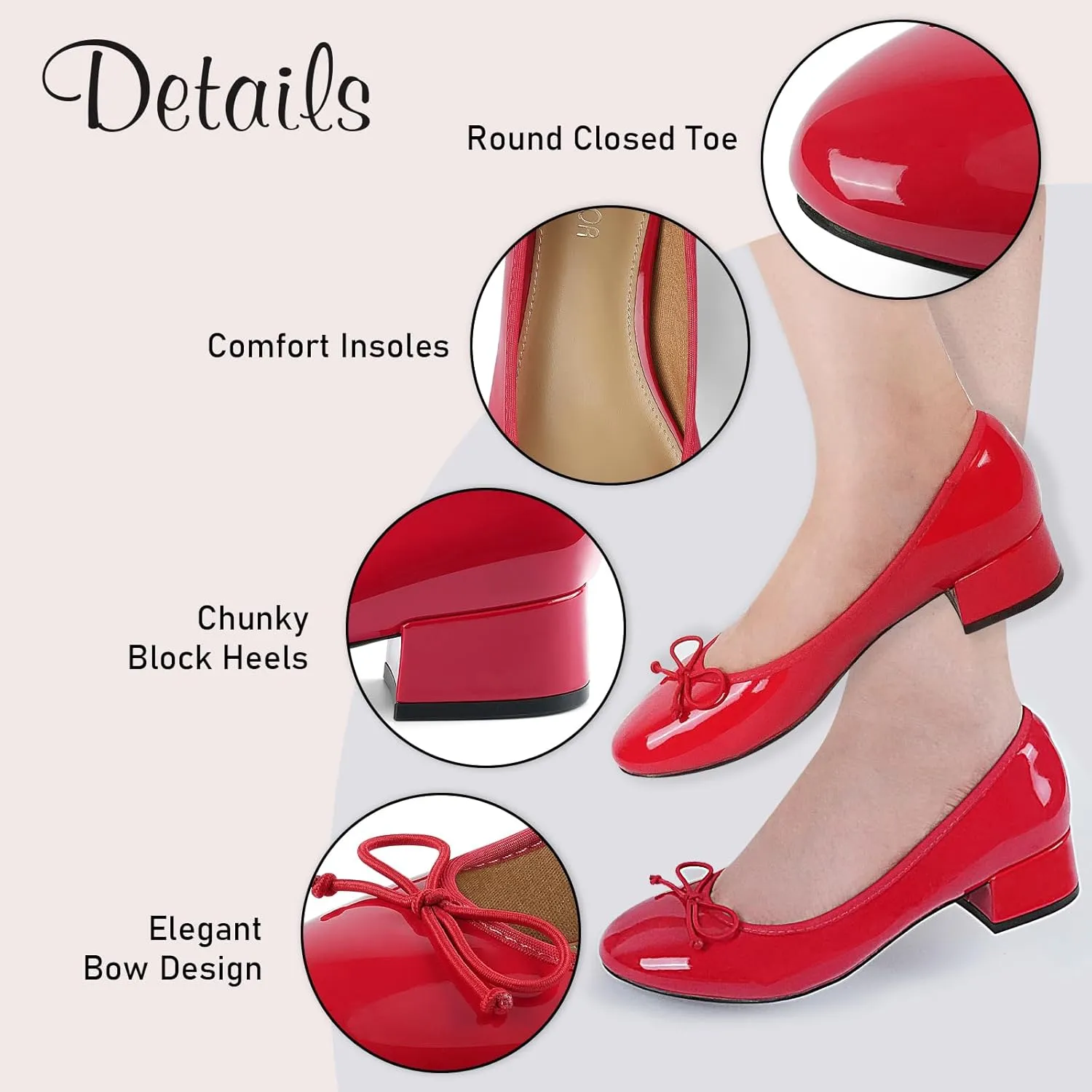 JENN ARDOR Chunky Block Low Heels Bow Round Closed Toe Comfort Work Casual Slip-On Bridal Wedding Guest Dress Cute Ballet Pumps Shoes for Women