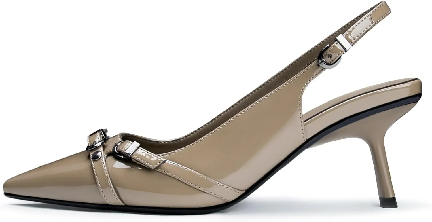 Kitten Heels for Women Closed Pointed Toe Heels Patent Leather Low Heel Slingback Dress Shoes Feature Adjustable Buckle for Date Party Work Office Comfortable Sexy Pumps Shoes