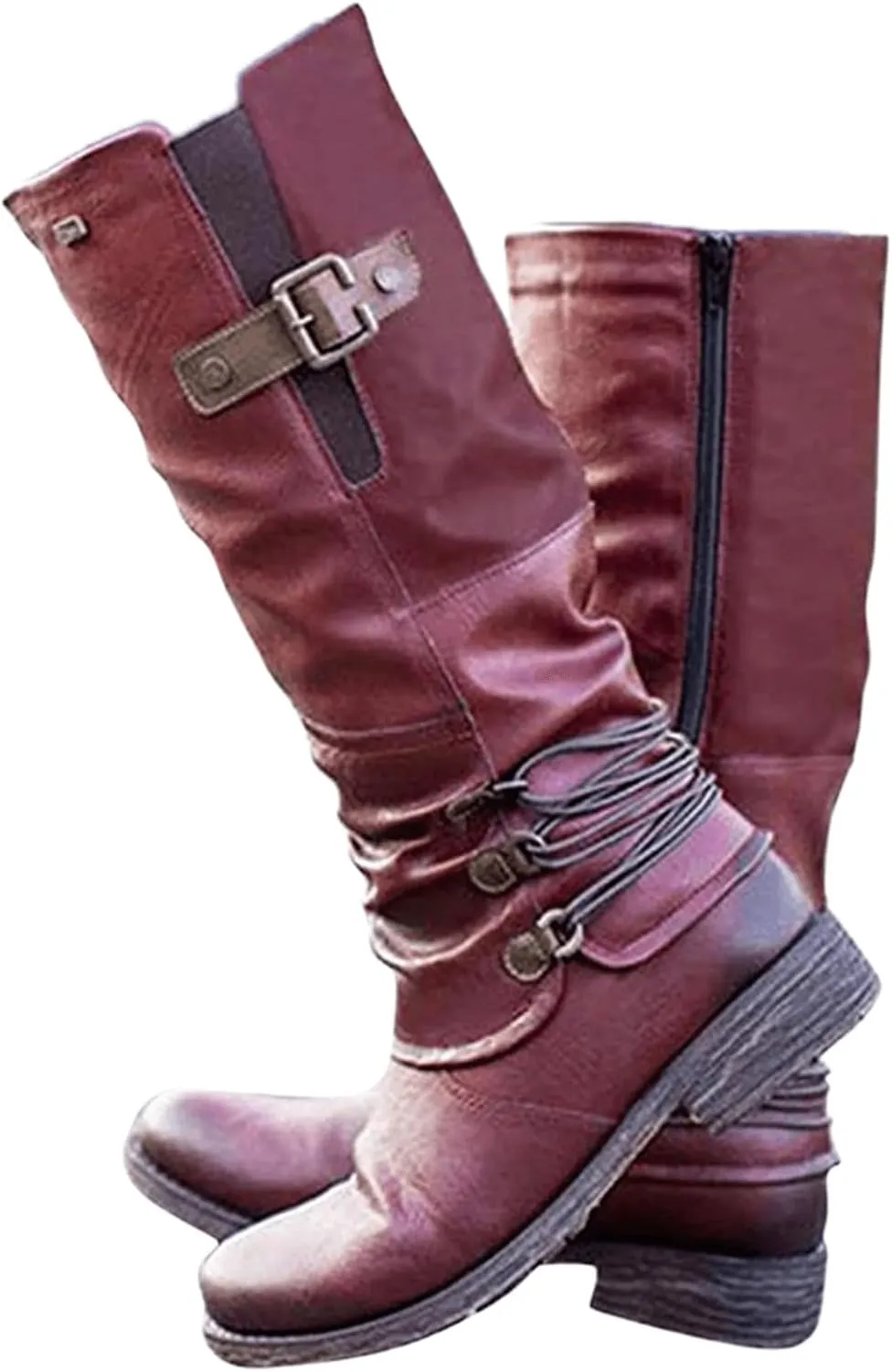 Knee High Boots Women Wide Calf Flat Heel Square Toe Motorcycle Boots Fashion Buckles Biker Riding Mid Calf Boots