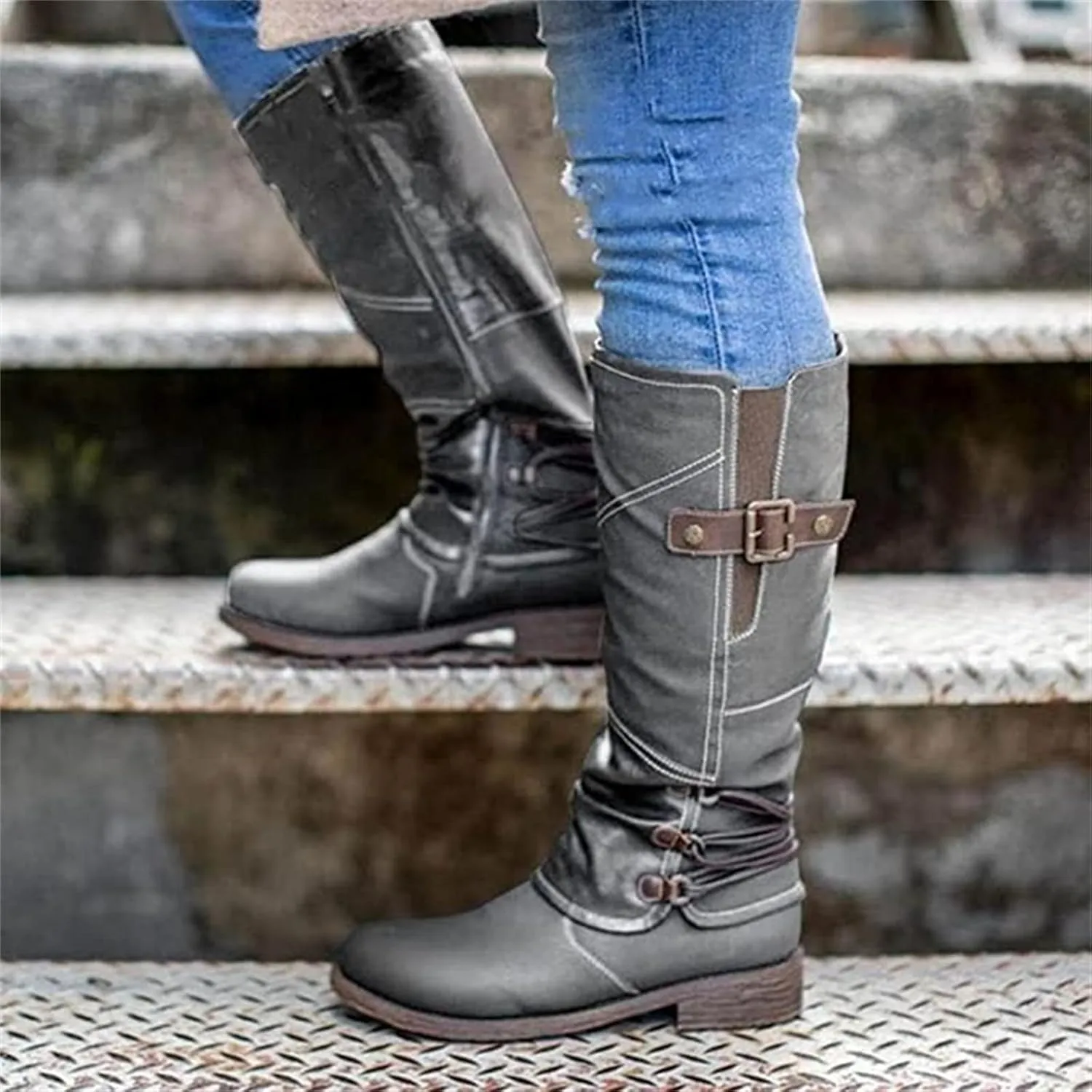 Knee High Boots Women Wide Calf Flat Heel Square Toe Motorcycle Boots Fashion Buckles Biker Riding Mid Calf Boots