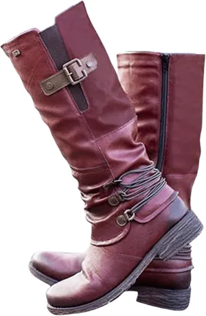 Knee High Boots Women Wide Calf Flat Heel Square Toe Motorcycle Boots Fashion Buckles Biker Riding Mid Calf Boots