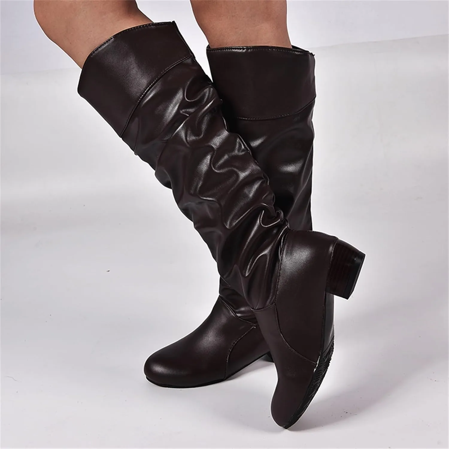 Ladmiple Fall Boots Women Knee High Wide Calf Slouchy Western Cowboy Boots Fashion Pointed Toe Cone Heel Cowgirl Boots