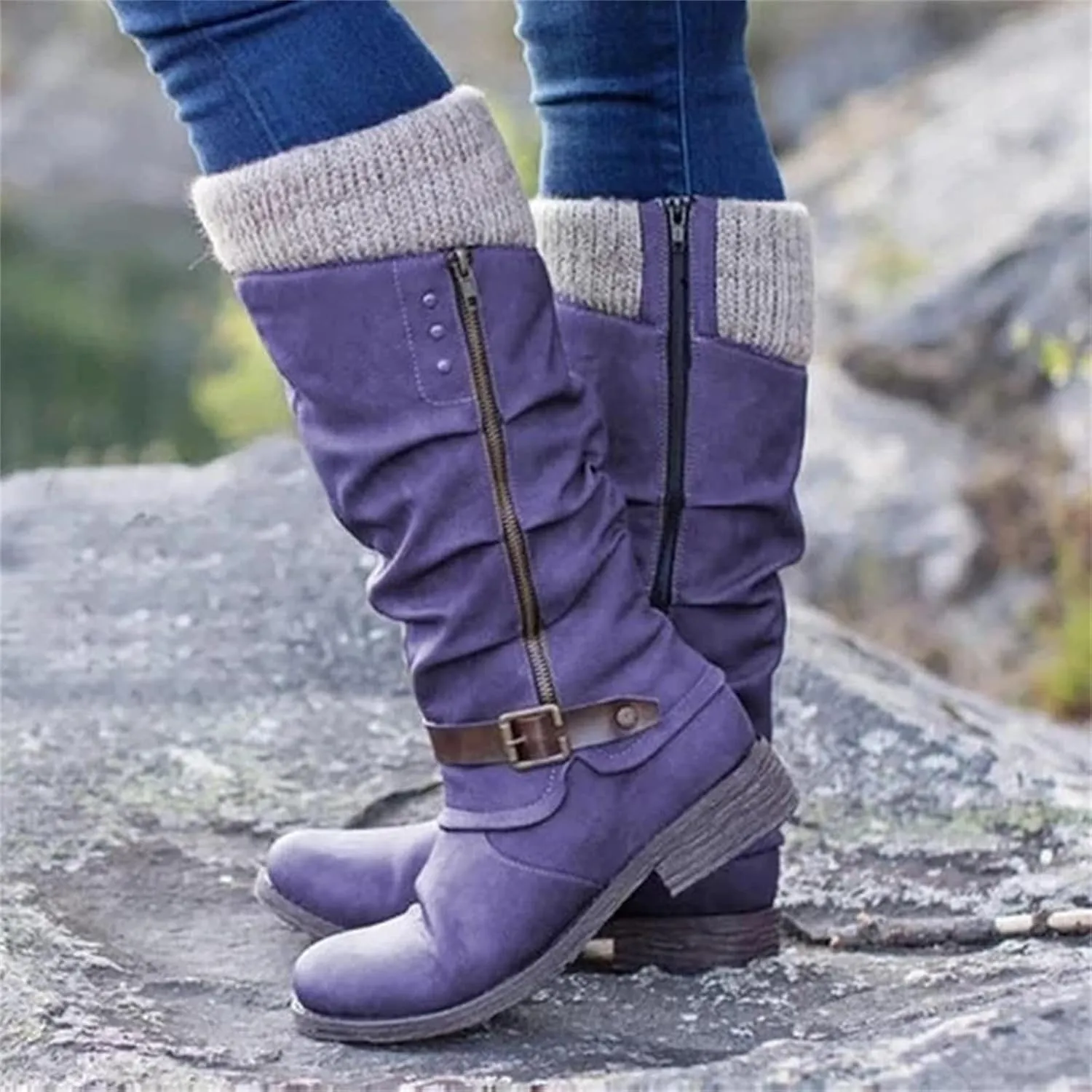 Ladmiple Motorcycle Boots Women Riding Military Combat Boots Mid Calf Side Zipper Low Heel Winter Western Biker Boots 2024