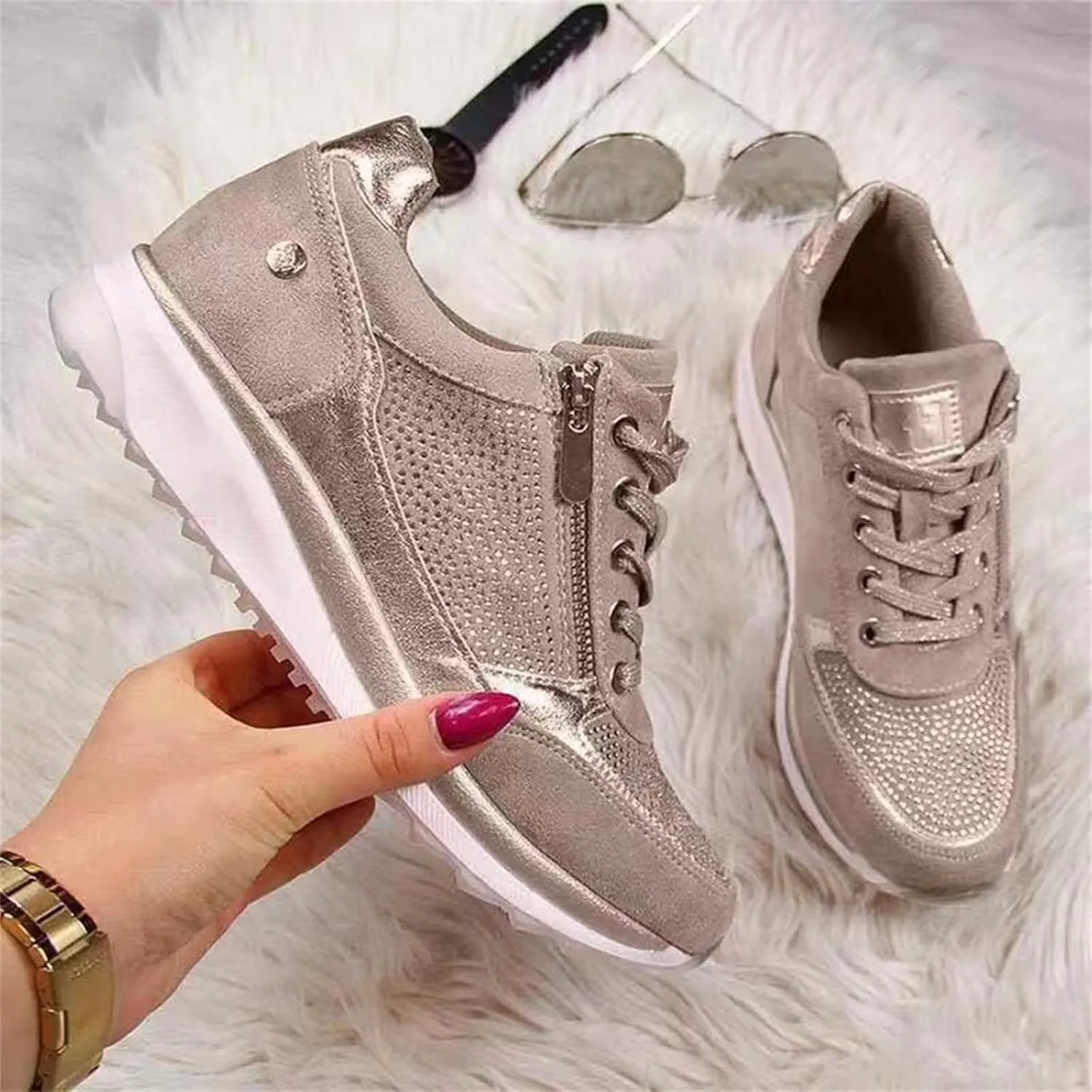 Ladmiple Sneakers For Women Walking Shoes Wide Width Slip on Glitter Shoes Fashion Sparkly Dressy Summer Flats Loafers