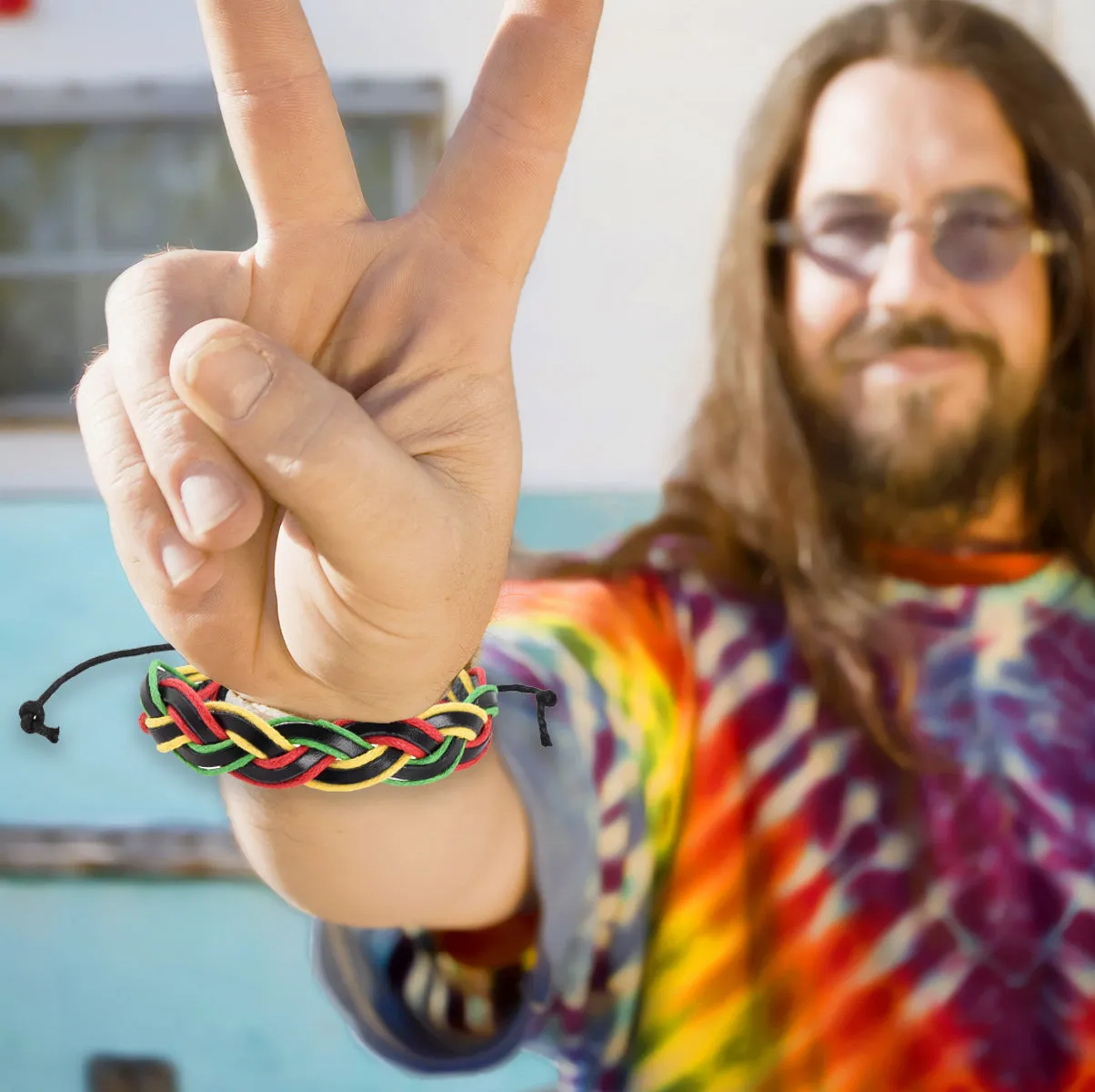Leather Womens Mens Rasta Bracelet Set - Boho Mens Hippy Bracelet - Jamaican Reggae Bracelet Black Green Yellow Red Color Bohemian Hippie Wristband