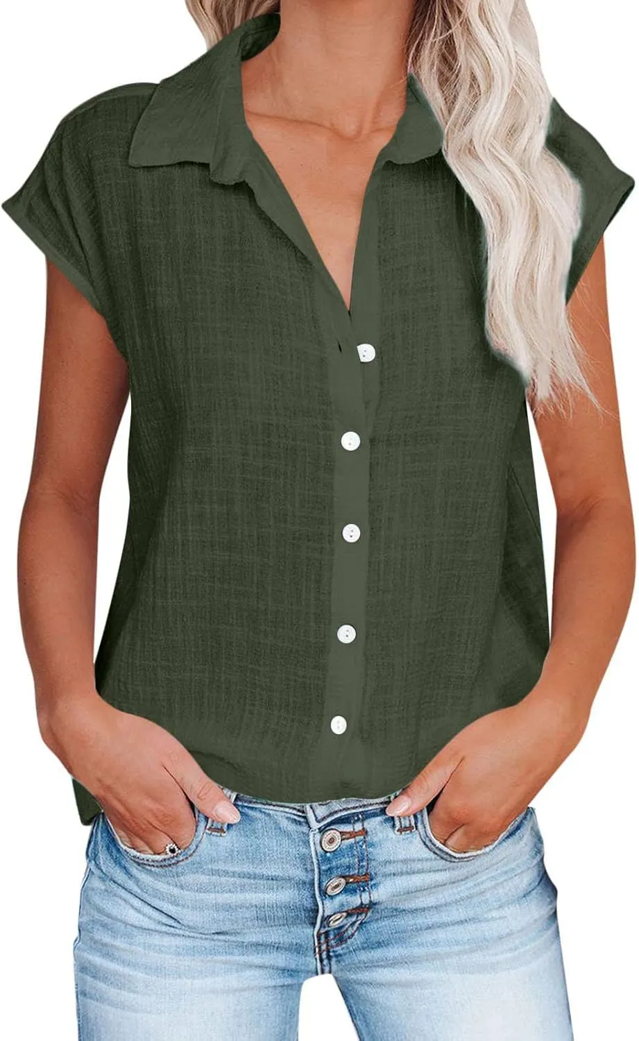 Linen Shirts for Women Trendy Button Down V Neck Shirt Summer Collared Short Sleeve Boho Tops Casual Blouses