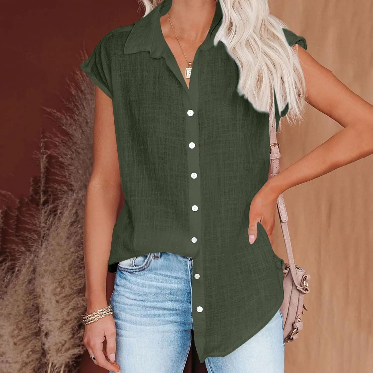 Linen Shirts for Women Trendy Button Down V Neck Shirt Summer Collared Short Sleeve Boho Tops Casual Blouses