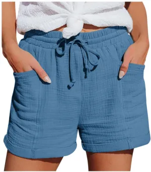 Linen Shorts for Women Summer Casual Comfy Shorts Drawstring Elastic Waist Lightweight Shorts with Pockets