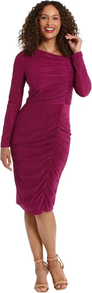 London Times Women's Asymmetrical Neckline Textured Stretch Jersey Feminine Versatile Event Occasion Midi Dress