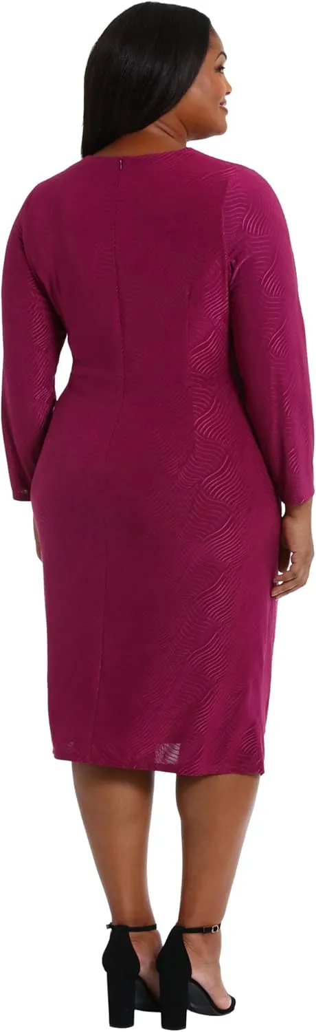 London Times Women's Asymmetrical Neckline Textured Stretch Jersey Feminine Versatile Event Occasion Midi Dress
