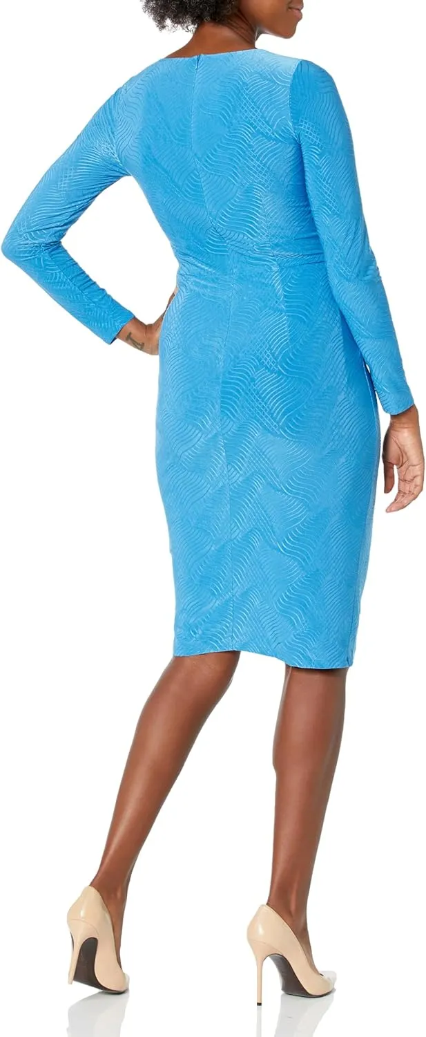 London Times Women's Asymmetrical Neckline Textured Stretch Jersey Feminine Versatile Event Occasion Midi Dress