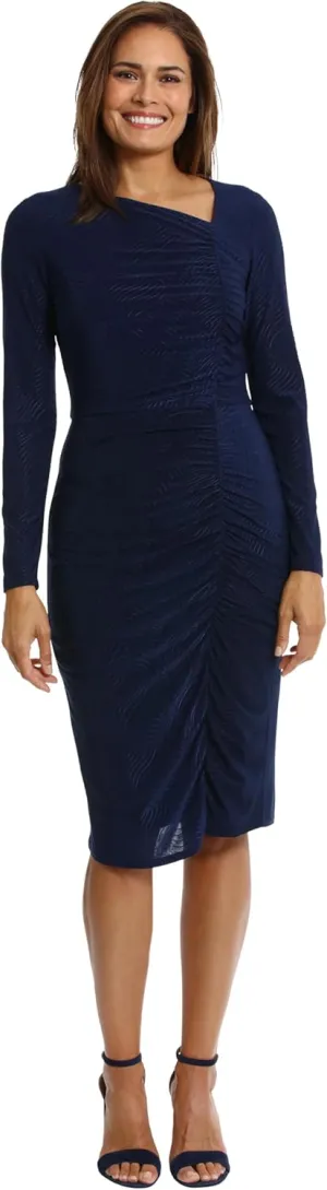 London Times Women's Asymmetrical Neckline Textured Stretch Jersey Feminine Versatile Event Occasion Midi Dress