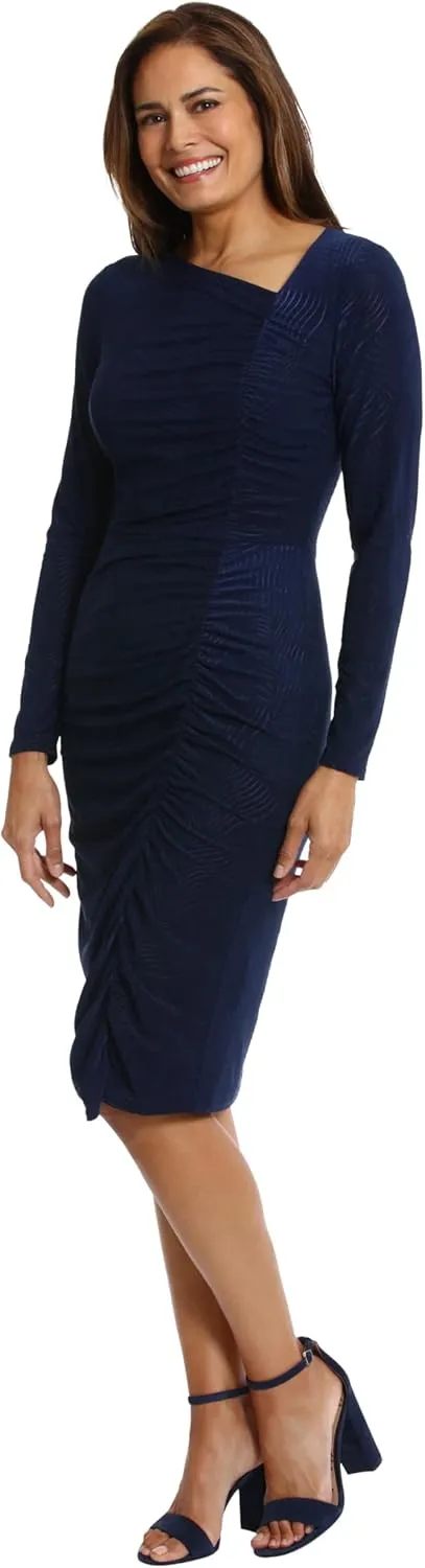 London Times Women's Asymmetrical Neckline Textured Stretch Jersey Feminine Versatile Event Occasion Midi Dress