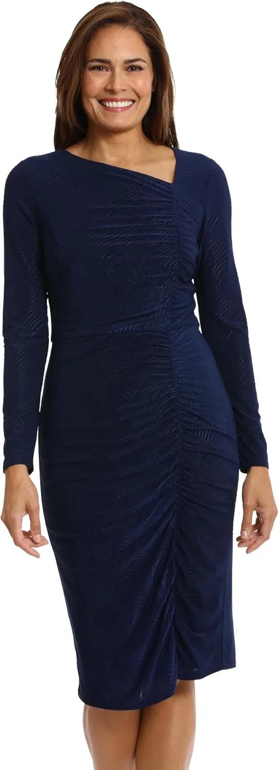 London Times Women's Asymmetrical Neckline Textured Stretch Jersey Feminine Versatile Event Occasion Midi Dress