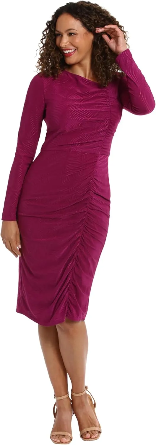 London Times Women's Asymmetrical Neckline Textured Stretch Jersey Feminine Versatile Event Occasion Midi Dress