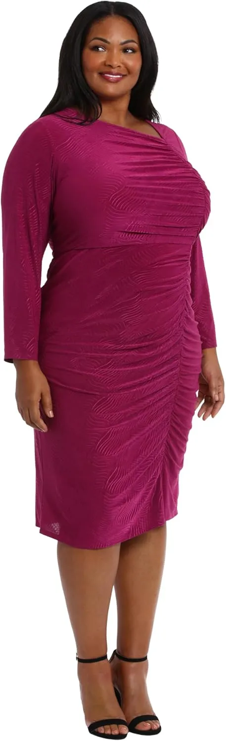 London Times Women's Asymmetrical Neckline Textured Stretch Jersey Feminine Versatile Event Occasion Midi Dress