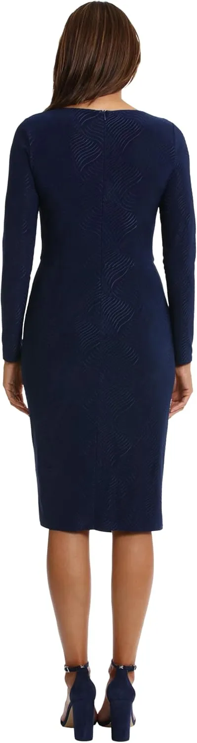 London Times Women's Asymmetrical Neckline Textured Stretch Jersey Feminine Versatile Event Occasion Midi Dress
