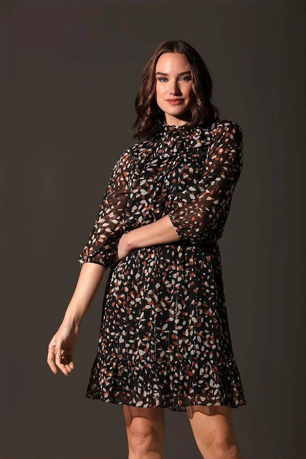 London Times Women's Bow Neck Smocked Waist Flounce Hem Versatile Feminine Dress