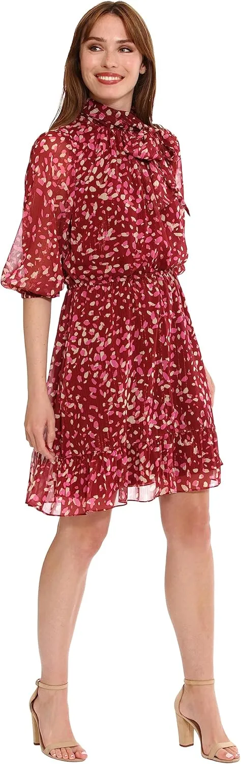 London Times Women's Bow Neck Smocked Waist Flounce Hem Versatile Feminine Dress